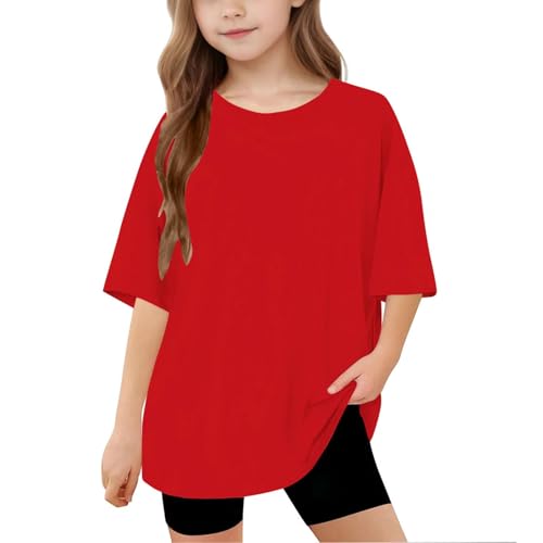 KIDSZJA Kinderkleidung für Mädchen, kurzärmelig, Konzert-Outfit, einfarbig, leicht, bequem, Rundhalsausschnitt, übergroßer geschwungener Saum, Blusen, Sport, Sommer, Schule von KIDSZJA