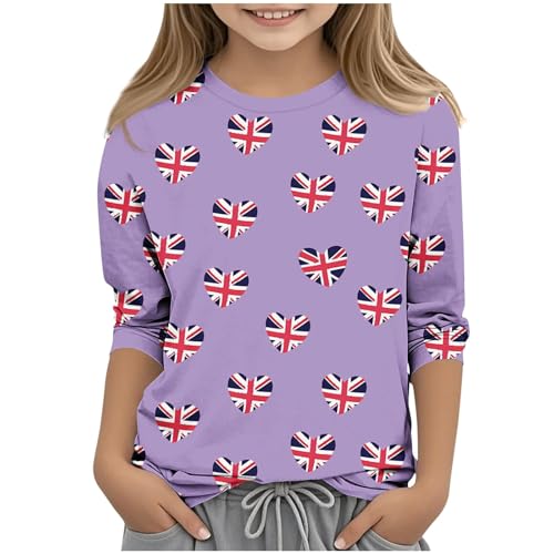 KIDSZJA Mädchen T-Shirts Sommer Union Jack Kleiderschrank Essentials Kleidung Britische UK-Flagge Rundhalsausschnitt Top 3/4 Ärmel Schulanfang Blusen Strand Urlaub und Familienausflüge von KIDSZJA