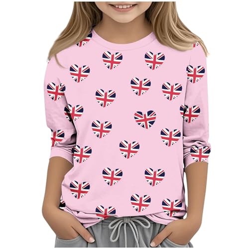 KIDSZJA Shirts für Mädchen, UK-Sommer-Rundhalsausschnitt, Kleiderschrank, 3/4-Ärmel, Union Jack-Blusen, Schulanfang, britische Flagge, Kleidung für Teenager, Strandurlaub und Familienausflüge von KIDSZJA