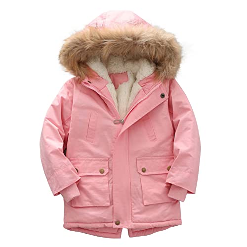 KIDSZJA Wintermantel für Kinder, Mädchen, mit Fleece gefüttert, warm, mittellang, Pufferjacke mit Kunstfell-Kapuze, dicke Baumwoll-Daunenmäntel, Oberbekleidung, lange Übermäntel, Schule von KIDSZJA