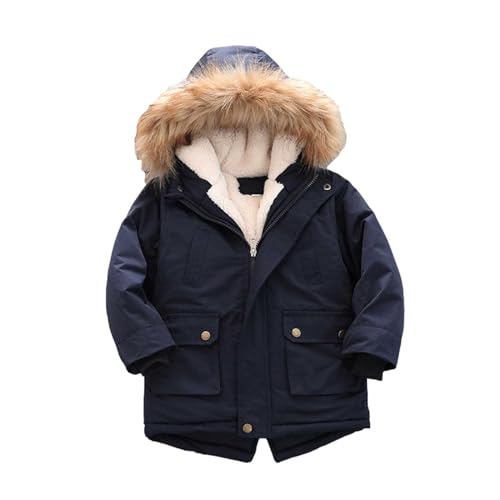 KIDSZJA Wintermantel für Mädchen und Jungen, mit Fleece gefüttert, mit Kapuze, winddicht, Kunstfell, dicke Baumwolle, Parka, lang, gepolstert, lange Pufferjacken, Schul-Outwear von KIDSZJA