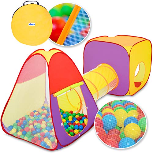 KIDUKU® 3-teiliges Bällebad Spielzelt Babyzelt + Krabbeltunnel + 200 Bälle + Tasche für drinnen und draußen von KIDUKU