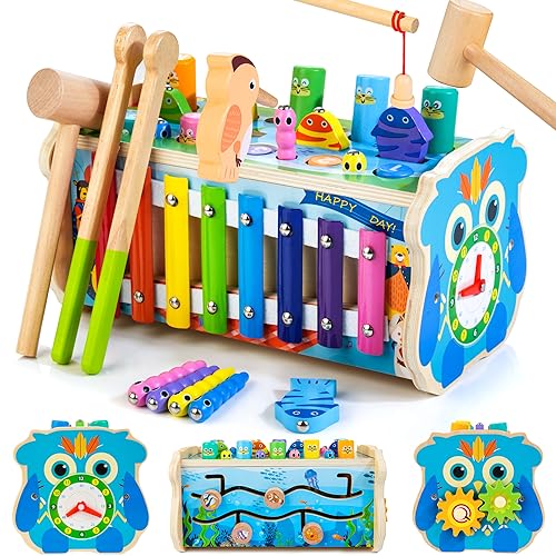 KIDWILL Montessori Spielzeug ab 2 3 4 Jahre, 7 in 1 Holz Lernspielzeug Hammerspiel & Angelspiel & Xylophon & Labyrinth & Zahnradspiel & Lernuhr & Würmer fangen, Magnetspiel für Kinder -Eule Version von KIDWILL