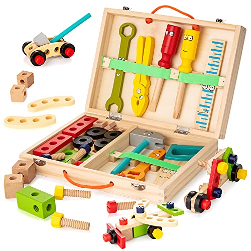 KIDWILL Holzwerkzeug, werkzeugkoffer Werkzeugkasten, Kinder Geschenke, mit bunten Holzteile, Kreatives DIY Lernspielzeug Spielzeug ab 3 Jahre, Kinderspielzeug ab 2 Jahre, 3 4 5 6 7 8 Jahre von KIDWILL