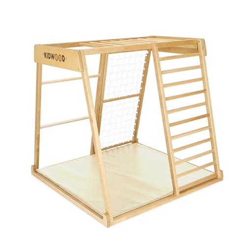KIDWOOD Cliff (ex Klettergerüst Segel White Edition mit Sicherheitsmatte in beige, Kletterturm aus Naturholz. Montessori Kinderzimmer, Made in EU, Qualität aus Österreich, Pikler Dreieck von KIDWOOD