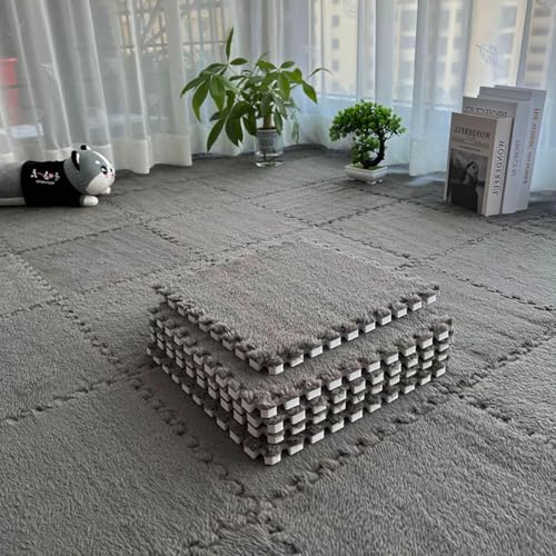 KIJyfgTR 10 Stück 60 x 60 x 1 cm, verdickte ineinander greifende Fußmatten, große Größe, Plüschschaum-Puzzle-Teppichquadrate, weiche, Flauschige Bodenfliesen(Grigio) von KIJyfgTR