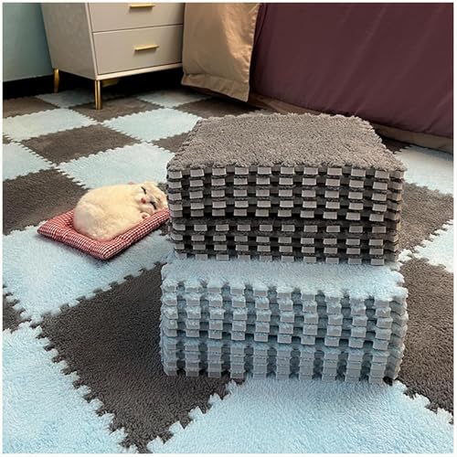 KIJyfgTR 20 stücke 30cm ineinander greifen plüsch Teppich quadratisch mit rändern weiche Schaum matten 0,4 in Dicke Flauschigen Fliesen Spielen Matte(Light Blue+Gray) von KIJyfgTR