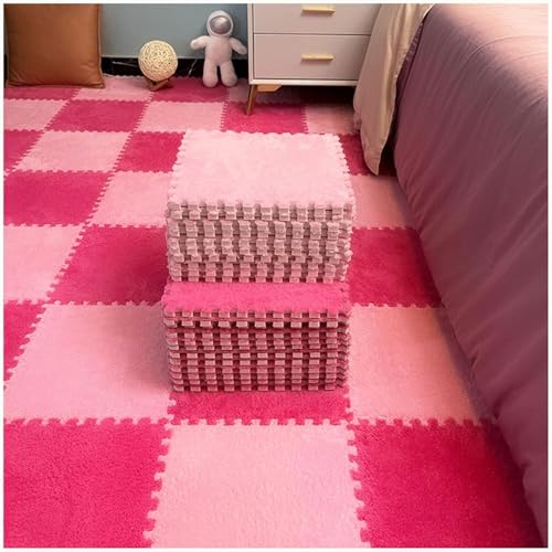 KIJyfgTR Plüsch-Puzzle-Teppiche for Ineinandergreifen, 100 Stück, 30 x 30 cm, quadratische Schaumstoff-Bodenfliesen, weiche Schaumstoff-Bodenmatten(Rose Red+Pink) von KIJyfgTR