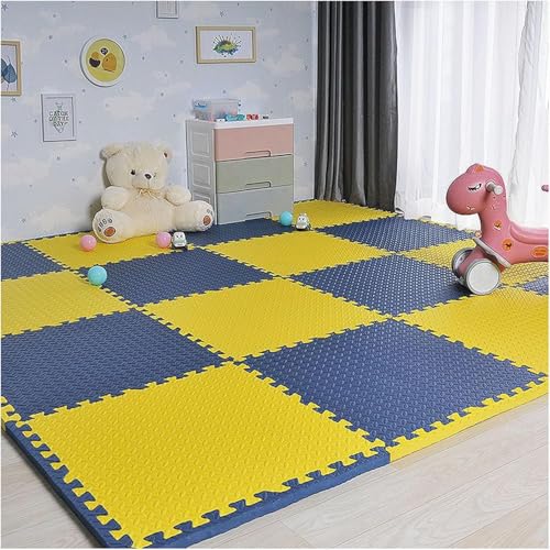 Schaumstoff-Bodenfliesen, quadratisch, ineinandergreifend, 30 cm/60 cm, DIY-Puzzle-Spielmatte, 10 Stück (Marineblau + Gelb, 30,5 x 30,5 cm) von KIJyfgTR