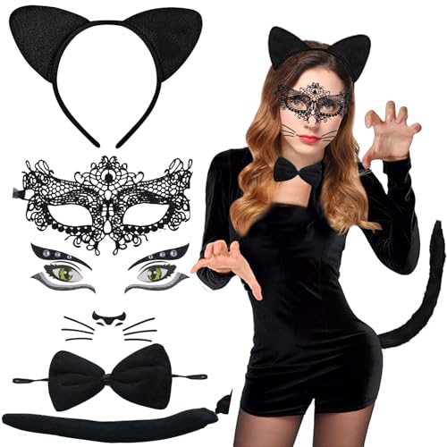 5 Stück Katzenkostüm Damen,Katzenohren Haarreif,Katzenkostüm,Kostüm Katze Damen,Katze Kostüm Damen mit Katzenschwanz,Spitzenbesetzte Augenmaske und Aufkleber für Halloween,Karneval,Kostümfest,Cosplay 5 Stück Katzenkostüm Damen,Katzenohren Haarreif,Katzenkostüm,Kostüm Katze Damen,Katze Kostüm Damen mit Katzenschwanz,Spitzenbesetzte Augenmaske und Aufkleber für Halloween,Karneval,Kostümfest,Cosplay von KIKVTER