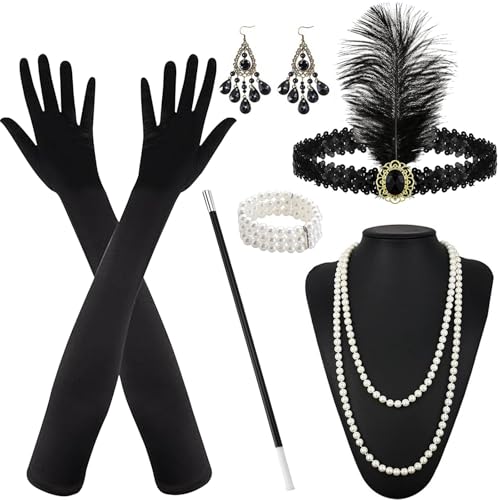 6 Teiliges 20er Jahre Accessoires, 20er Jahre Kostüm Damen, 1920 Zubehör Set, Damen Zubehör für Frauen mit Stirnband Handschuhen Ohrringen Halskette für Halloween Weihnachten Cosplay Accessoires von KIKVTER