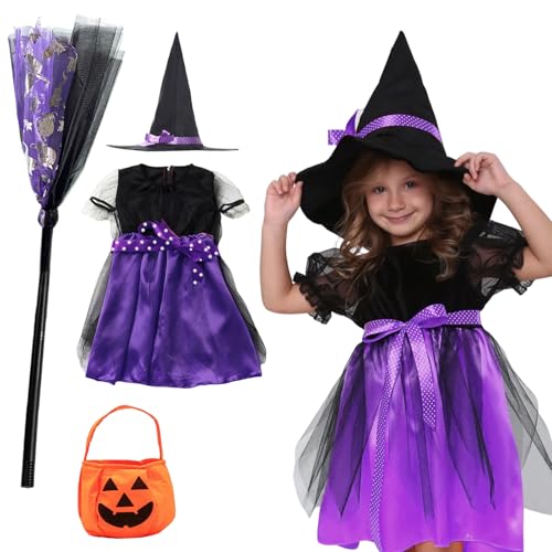 Halloween Hexenkostüm Kinder 120cm Mit Hexenhut, Sammeltasche Und Besen - Für Karneval Fasching Maskerade Hexennacht Cosplay von KIKVTER