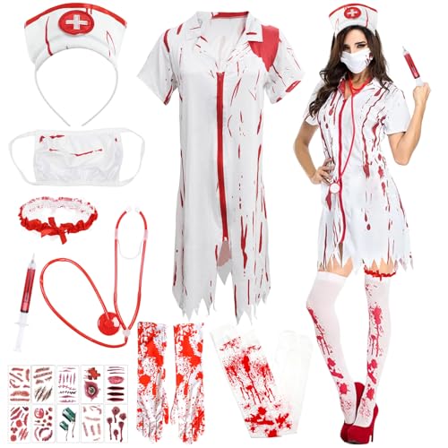 Halloween Kostüm Damen, 9 Stück Zombie Krankenschwester Kostüm, Krankenschwester Kostüm Halloween, Krankenschwesters Zombie Set, Kniestrümpfe Haarreif Tattoo Halloween Karneval Fasching Party Zubehör von KIKVTER