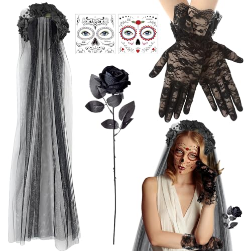 Halloween Kostüm Damen, Dia De Los Muertos Haarreif Schleier, Tag der Toten Kostüm Damen, Halloween Haarschmuck, Tag der Toten Haarschmuck, Spitzenhandschuhe, Halloween Karneval Fasching Accessoires von KIKVTER