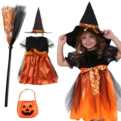 Halloween Kostüm Kinder, 120cm Hexenkostüm Mädchen mit Hexenhut, Sammeltasche und Kinder Besen, Hexenkostüm Kinder, Kostüm Hexe Kinder für Halloween Karneval Fasching Maskerade Hexennacht Cosplay Halloween Kostüm Kinder, 120cm Hexenkostüm Mädchen mit Hexenhut, Sammeltasche und Kinder Besen, Hexenkostüm Kinder, Kostüm Hexe Kinder für Halloween Karneval Fasching Maskerade Hexennacht Cosplay von KIKVTER