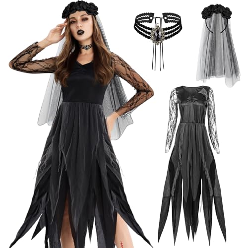 KIKVTER Halloween Kostüm Damen, Zombie Braut Schwarze, Geisterbraut, für Halloween Fasching Karneval, Vampir Hexen von KIKVTER