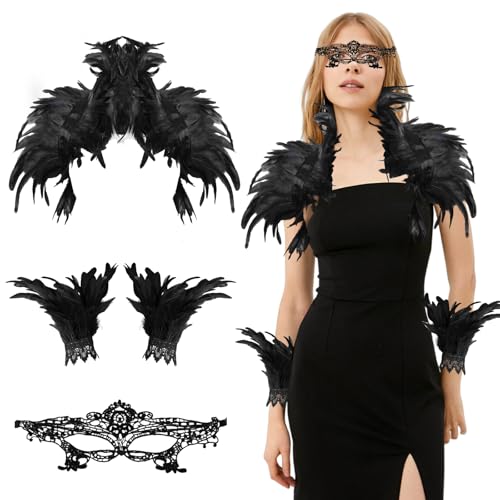 Federkragen, Federkragen Schwarzer Kostüm Damen mit Feder Manschetten, Federumhang Schwarz Maleficent Kostüm Gothic Feder Cape, Gothic Feder Achselzucken, Pfau Raben Kostüm Damen für Karneval Cosplay Federkragen, Federkragen Schwarzer Kostüm Damen mit Feder Manschetten, Federumhang Schwarz Maleficent Kostüm Gothic Feder Cape, Gothic Feder Achselzucken, Pfau Raben Kostüm Damen für Karneval Cosplay von KIKVTER