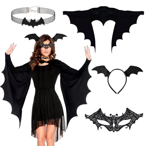 KIKVTER Fledermaus Kostüm Damen, Halloween Kostüm Damen, Halloween Kostüm Fledermaus, Fledermausflügel Erwachsene mit Maske, Haarreif, Halskette Set Grusel Vampire Karneval, Mottoparty, Halloween KIKVTER Fledermaus Kostüm Damen, Halloween Kostüm Damen, Halloween Kostüm Fledermaus, Fledermausflügel Erwachsene mit Maske, Haarreif, Halskette Set Grusel Vampire Karneval, Mottoparty, Halloween von KIKVTER