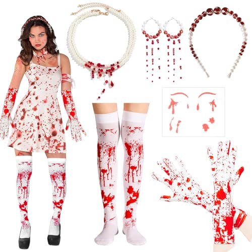 Halloween Kostüm Damen, Halloween Accessoires Damen, Haarschmuck Halloween, Halloween Blutkette Ohrringe Handschuhe Blut Tattoo Gesicht und Strümpfen Blutbefleckten für Karneval Kostüm Party Cosplay Halloween Kostüm Damen, Halloween Accessoires Damen, Haarschmuck Halloween, Halloween Blutkette Ohrringe Handschuhe Blut Tattoo Gesicht und Strümpfen Blutbefleckten für Karneval Kostüm Party Cosplay von KIKVTER