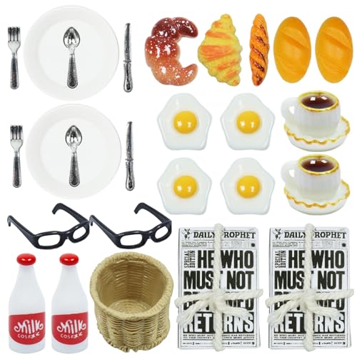 KIKVTER Miniatur Wichtel Zubehör, 24 Stück Puppenhaus Wichteltür Frühstück Set, Wichtel Zubehör Weihnachten Set, 1/12 Mini Geschirr Besteck Teller Eier Milch Brot Tasse Zeitung Messer Gabel KIKVTER Miniatur Wichtel Zubehör, 24 Stück Puppenhaus Wichteltür Frühstück Set, Wichtel Zubehör Weihnachten Set, 1/12 Mini Geschirr Besteck Teller Eier Milch Brot Tasse Zeitung Messer Gabel von KIKVTER