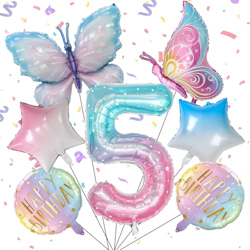 5 Jahre Schmetterling Geburtstag Deko, Schmetterling Folienballon 5 Jahre, Schmetterling Deko Geburtstag, Bunt Schmetterlinge Geburtstagsdeko, Geburtstagsdeko Rosa, für 5 Geburtstag Mädchen Deko von KIKVTER