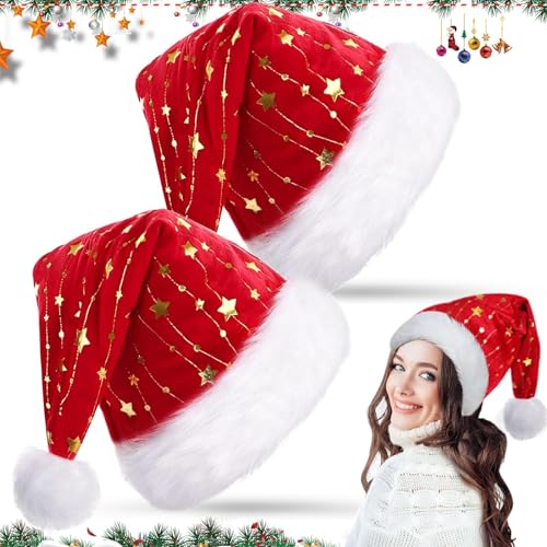 Plüsch Weihnachtsmütze Erwachsene, 2 Stück Weihnachtsmütze, Nikolausmütze, Weihnachtsmützen mit goldener Stern und Doppelfütterung Santa Claus Mütze für Herren und Damen,Nikolaus Kostüm Zubehör von KIKVTER
