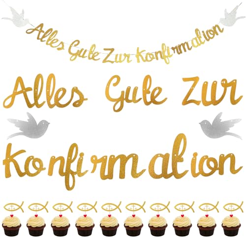 Kommunion Girlande Alles Gute zur Konfirmation Banner Girlande Gold Glitzer Deko Taufe Konfirmation Papiergirlande Dekobanner Hängedeko für Taufe Party, Kommunion Deko, Deko Kommunion von KIKVTER