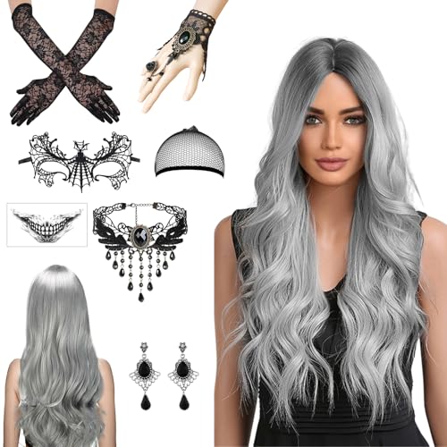Perücke Halloween Damen, 70cm Halloween Perücke Damen, Graue Perücke Damen, Halloween Accessoires Damen mit Haarnetz, Spitze Maske und Gotisch Halskette Armbänder für Halloween Karneval Cosplay Party Perücke Halloween Damen, 70cm Halloween Perücke Damen, Graue Perücke Damen, Halloween Accessoires Damen mit Haarnetz, Spitze Maske und Gotisch Halskette Armbänder für Halloween Karneval Cosplay Party von KIKVTER