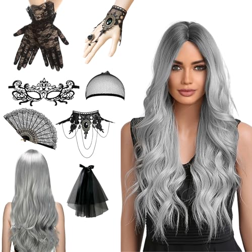 Perücke Halloween Damen, 70cm Halloween Perücke Damen, Graue Perücke Damen, Halloween Accessoires Damen mit Haarnetz, Spitze Maske und Gotisch Halskette Armbänder für Halloween Karneval Cosplay Party Perücke Halloween Damen, 70cm Halloween Perücke Damen, Graue Perücke Damen, Halloween Accessoires Damen mit Haarnetz, Spitze Maske und Gotisch Halskette Armbänder für Halloween Karneval Cosplay Party von KIKVTER