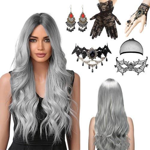 Perücke Halloween Damen, 70cm Halloween Perücke Damen, Graue Perücke Damen, Halloween Accessoires Damen mit Haarnetz, Spitze Maske und Gotisch Halskette Armbänder für Halloween Karneval Cosplay Party Perücke Halloween Damen, 70cm Halloween Perücke Damen, Graue Perücke Damen, Halloween Accessoires Damen mit Haarnetz, Spitze Maske und Gotisch Halskette Armbänder für Halloween Karneval Cosplay Party von KIKVTER
