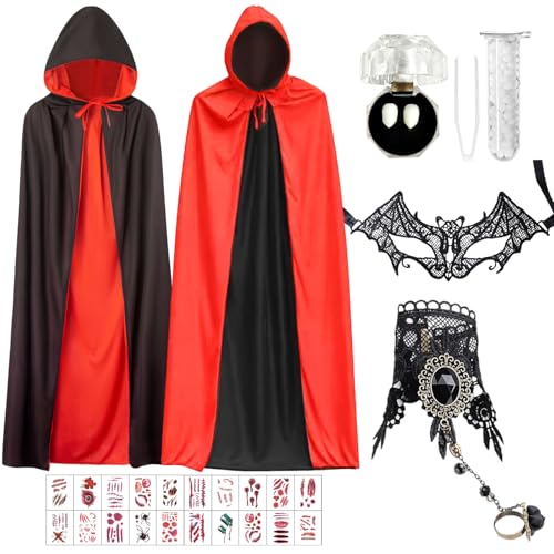 Teufel Kostüm Damen, Vampir Set, Halloween Kostüm, 140cm Umhang Schwarz Rot Cape, Mittelalter Kostüm Erwachsene Herren von KIKVTER