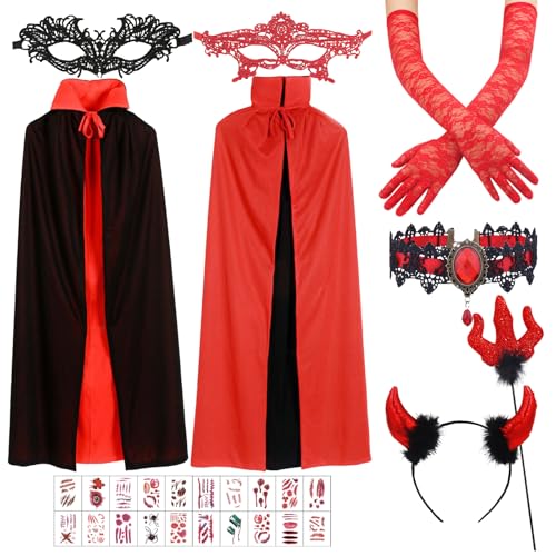 Teufel Kostüm Damen, Vampir Umhang, Halloween Kostüm Damen, Halloween Kostüm Vampir Set, 140cm Umhang Schwarz Rot Cape Umhang Halloween Umhänge Mittelalter Vampir Kostüm Erwachsene Herren Damen von KIKVTER