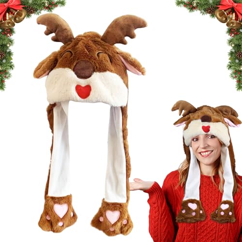 Weihnachtsmütze, Mütze mit Beweglichen Ohren, Mütze mit Ohren, Weihnachtsmützen, Weihnachtsmütze Lustig, Weihnachtsmann Plüsch Hut, Cosplay Weihnachten Halloween Karneval Party für Damen Mädchen von KIKVTER
