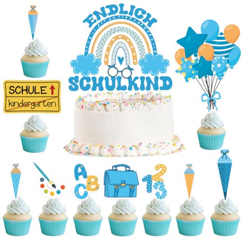 20 Stück Tortendeko Einschulung Junge und Mädchen, Schulanfang Kuchendeko für Schulkind Cake Topper Einschulung Party Torte Dekoration (Blau) von KILLIAN'S Store