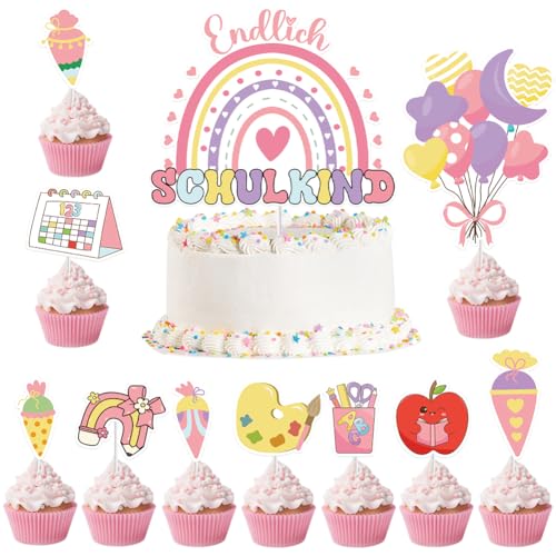 20 Stück Tortendeko Einschulung Junge und Mädchen, Schulanfang Kuchendeko für Schulkind Cake Topper Einschulung Party Torte Dekoration (Rosa) von KILLIAN'S Store