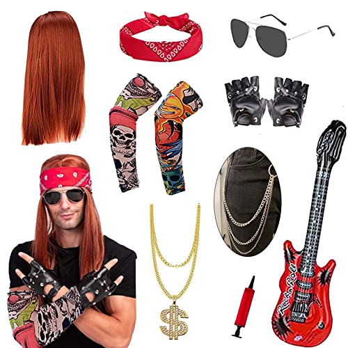 Punker Rockstar Kostüm Accessoires Herren, Rocker 80er 90er Jahre Outfit, Punk Gothic Kit mit Bandanas, Rocker PerüCke, Punk Handschuhe, Tattoo Sleeve, Punk Kette, Aufblasbare Gitarre, Jeanskette Punker Rockstar Kostüm Accessoires Herren, Rocker 80er 90er Jahre Outfit, Punk Gothic Kit mit Bandanas, Rocker PerüCke, Punk Handschuhe, Tattoo Sleeve, Punk Kette, Aufblasbare Gitarre, Jeanskette von KILLIAN'S Store