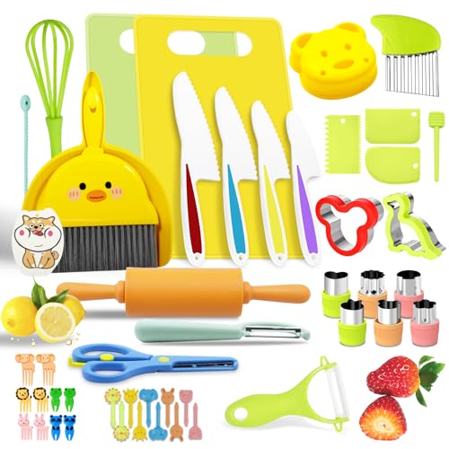 KIMIGO 49 Stück Kindermesser Set,Kinder-Küchenmesser-Set,Kinder Küchenmesser Set Zum Schneiden und Kochen von Obst Oder Gemüse für Kleinkinder,Montessori Messer mit Schneidebrett,Wellenschneider von KIMIGO