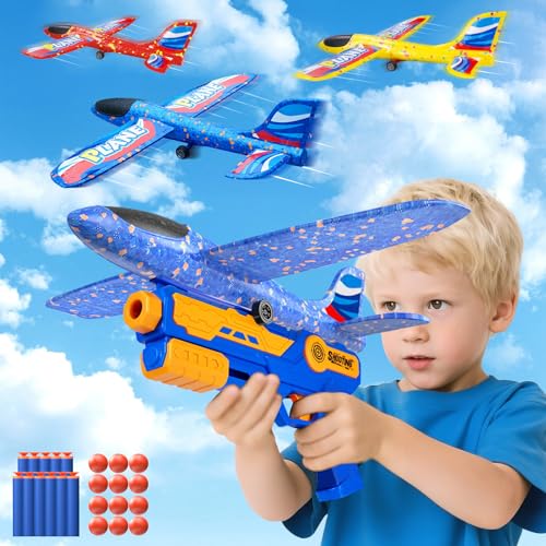 KIMIGO Flugzeug Spielzeug,Styropor Flugzeuge für Kinder mit Katapult – 3 Flugzeug-Spielzeug Set,Wurfgleiter Outdoor Kinderspielzeug ab 3+ Jahre Geschenk für Junge/Mädchen von KIMIGO