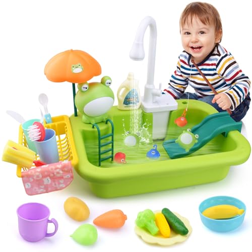 KIMIGO Spielspüle Spielzeug mit verbessertem elektrischen Wasserhahn,Spielzeugzubehör für die Spielküche,Waschbecken Spielzeug,schwimmendes Angelspielzeug für Wasserspiel,Rollenspiel für Kinder von KIMIGO