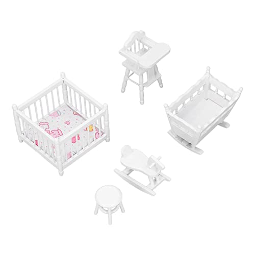 Holzpuppenhausmöbel, Kindergarten Weiß 1:12 Crib -Stuhlmöbel, Stuhl Hobbyhorse Runde Stuhllegierung Miniatur Baby Robust von KIMISS
