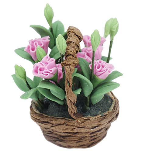 KIMISS 1:12 Skala Miniatur -Tonkanse Im Rattan -Korb für Dollhouse Decoration Realistische Blumenarrangement für Puppen und Playsets von KIMISS