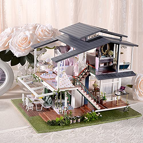 KIMISS DIY Romantische Holzgartenpuppenhaus 3D Miniature Kit - 3 -stöckige Villa mit Möbeln und Beleuchtung für Handwerksliebhaber von KIMISS