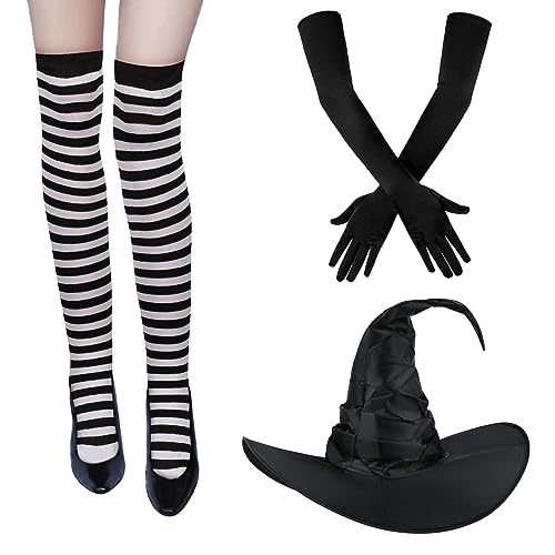 3stk Halloween Hexenkostüm, Halloween Kostüm Halloween Hexenhut mit Hohen Socken Handschuhe Cosplay Hexenhut-Partyzubehör für Cosplay-Partydekoration (Schwarz) von KINBOM