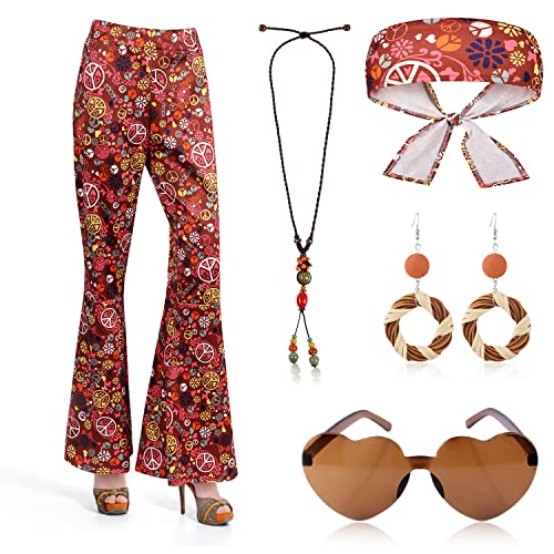 60er 70er Jahre Hippie Kostüm Damen Set, 70er Bootcut Hippie Hose Vintage Hippie Kostüm Kleidung Bohemian Hippie Kostüm Zubehör Set Ohrringe Perlenkette Herz Sonnenbrille für Damen(3XL) von KINBOM