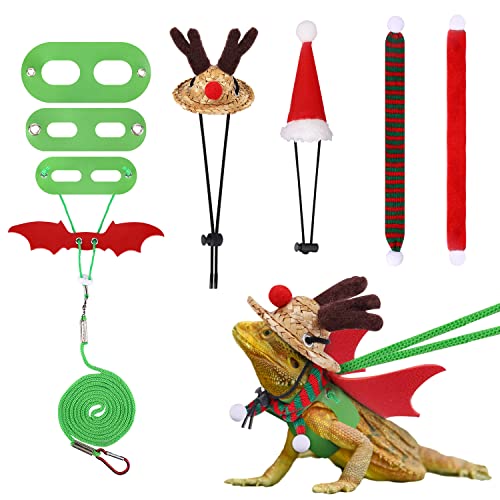 1 Set Bartagamen Weihnachtskostüm, 7stk Kleidung Schal Weihnachtsmütze Eidechsen Leinengeschirr für Reptilien Weihnachten Urlaub Cosplay (Grün & Rot) von KINBOM
