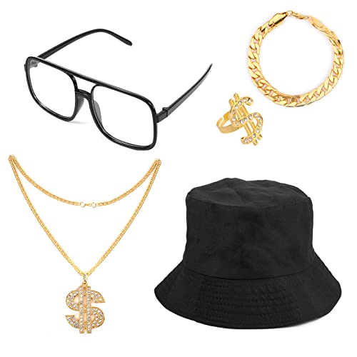 KINBOM 80er 90er Kostüm Outfit, Hip Hop Kostüm Set Ausgefallene Kleidung Fischerhut Gefälschte Goldkette Goldener Ring Schwarze Brille 80er 90er Accessoires für Herren Jungen Damen KINBOM 80er 90er Kostüm Outfit, Hip Hop Kostüm Set Ausgefallene Kleidung Fischerhut Gefälschte Goldkette Goldener Ring Schwarze Brille 80er 90er Accessoires für Herren Jungen Damen von KINBOM