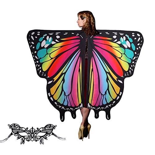 Schmetterlingsflügel Kostüm Erwachsene, Schmetterlingsflügel Damen mit Schmetterlings Spitzen Maskerade Maske Schmetterlingsflügel Schal Kostümzubehör für Halloween Cosplay Performance von KINBOM