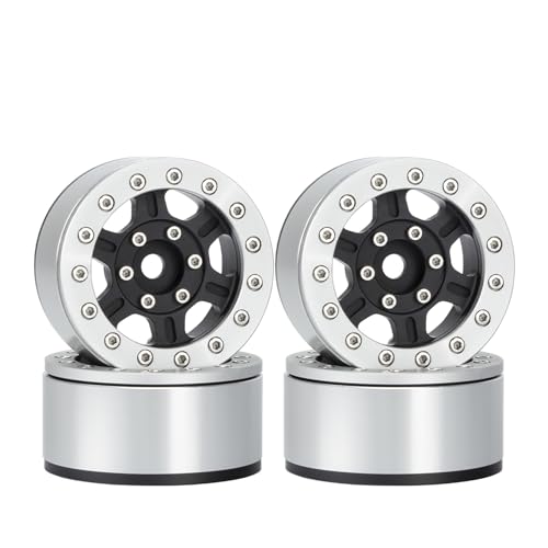 6-Speichen RC Radnabe,KINGCOO 4Stück 1,55 Zoll Aluminiumlegierung Metall Beadlock Felgen Naben Räder Ersatzteile für 1/10 RC Crawler Auto für Axial SCX10 TRX4 Tamiya D90 1.55" Reifen (Schwarz+Silber) von KINGCOO