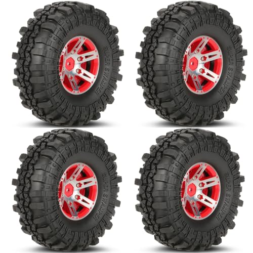 KINGCOO 4PCS 110mm 1.9 Zoll RC Crawler Metall Beadlock Räder Felgen Reifen Gummireifen Set für 1/10 RC Rock Crawler Car Teile für Axial SCX10 Traxxas Tamiya TRX4 D90 TF2 (Rot) von KINGCOO