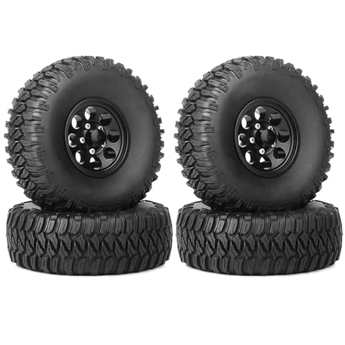 KINGCOO 4PCS RC Reifen und Metall Felgen,1,55 Zoll Aluminium Beadlock Räder Gummireifen für 1/10 RC Crawler Auto für Axial AX90069 D90 TF2 Tamiya CC01 CC02 LC70 LC80 Upgrade-Teile (Schwarz, 95MM) von KINGCOO